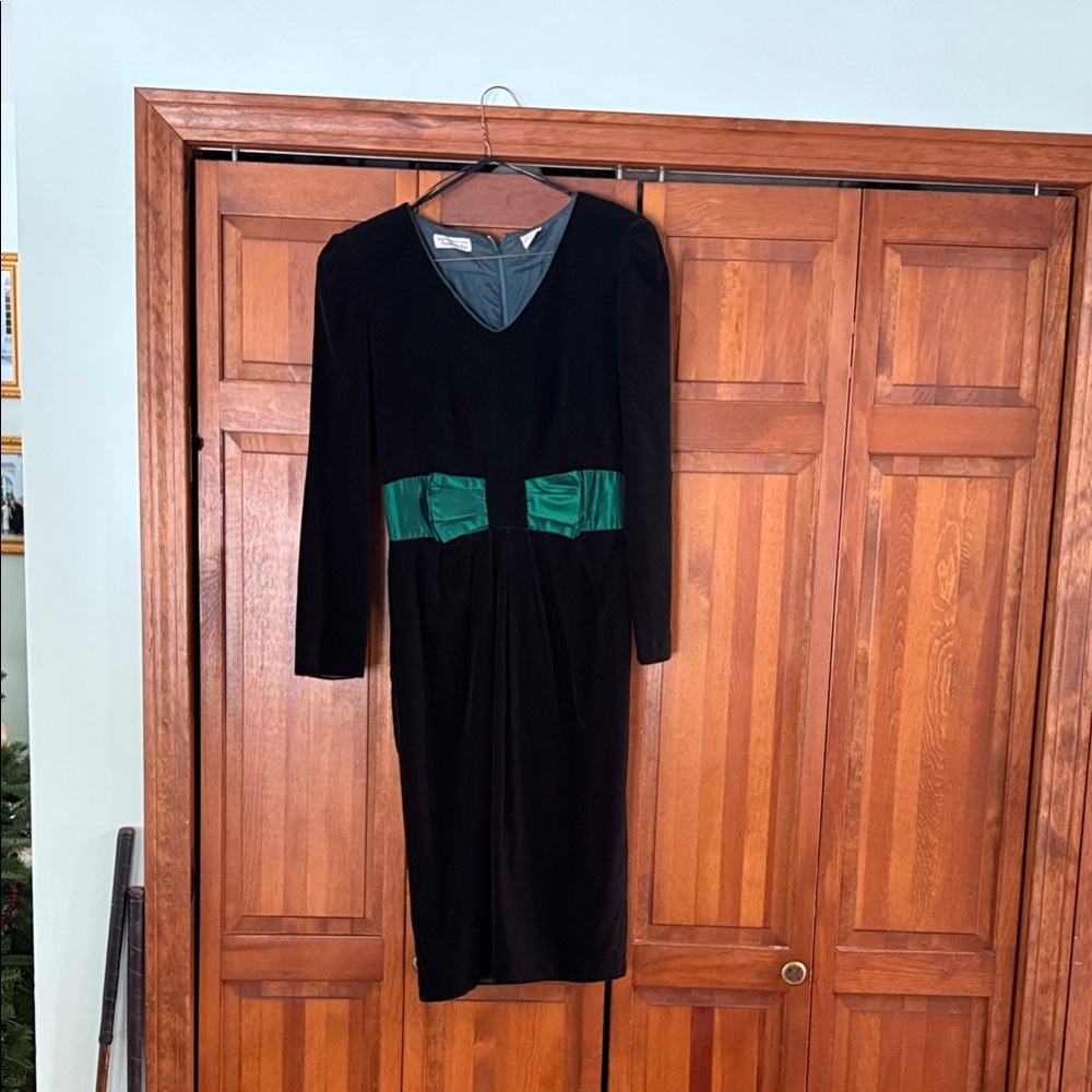 Talbots Forrest Green Velvet Dress with Green Bow Accent